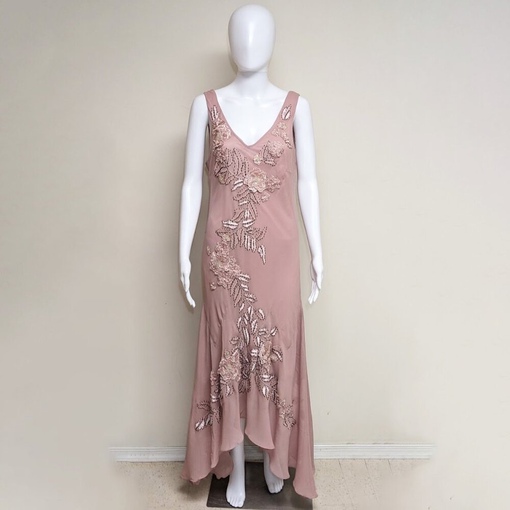 SUE WONG NOCTURNE Vintage 100% Silk Pink Embroidered/Beaded Fairy Core Dress Y2K - Picture 2 of 7
